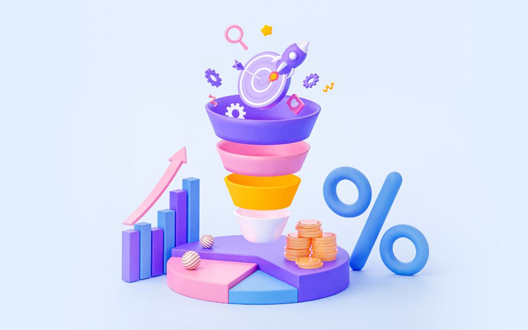 a colorful pie chart with a rocket and coins